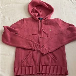 Ralph Lauren Hooded Sweater Rose Med Zip Front EUC